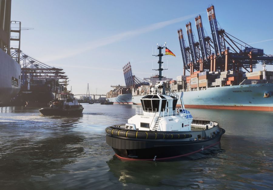 Schlepper Jazz im Wasser mit Hafen und Containern im Hintergrund
