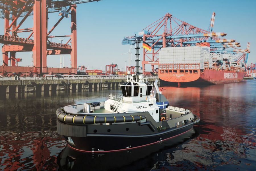 Schlepper Jazz im Wasser mit Hafen und Containern im Hintergrund